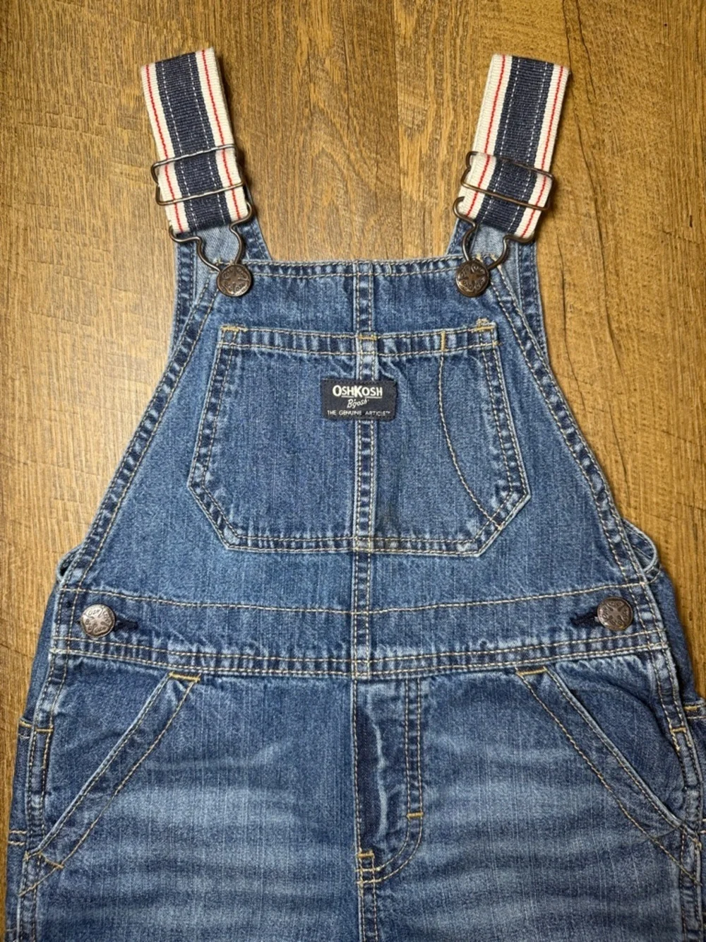 OshKosh B'gosh Boys' Blue Denim Overalls with Red White and Blue Straps Size 4T